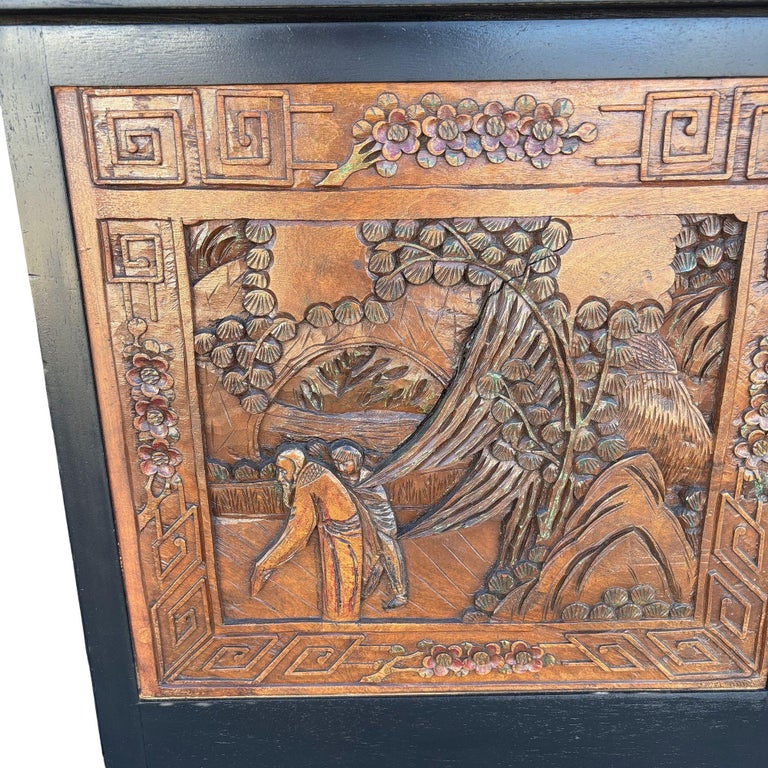 Mid-century James Mont Style Carved Media Credenza Stereo Cabinet