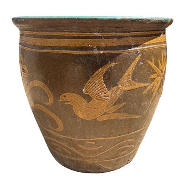 Antique Century Chinese Egg Art Pottery Holder Bird & Dragon Jardinière Planter
