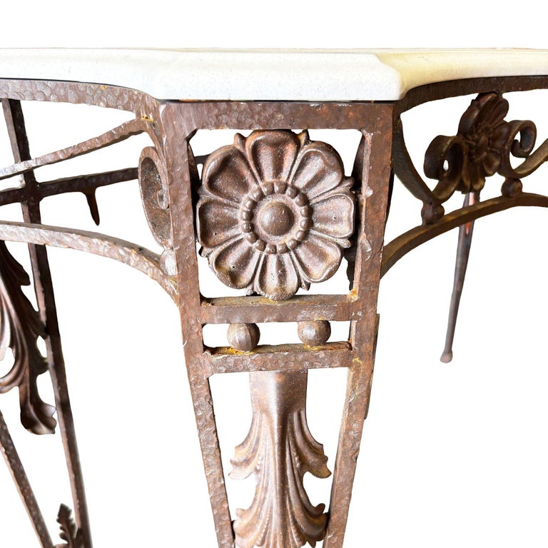 20th Century Neo-Gothic Bronze Colored Cast Iron Console w/ Carrara Marble Top