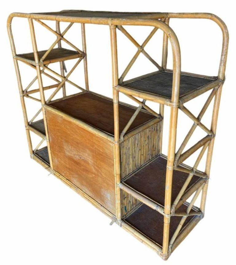 Restored Rattan Seven-Tier Display Shelf Wall Etagere Unit w/ Cabinet
