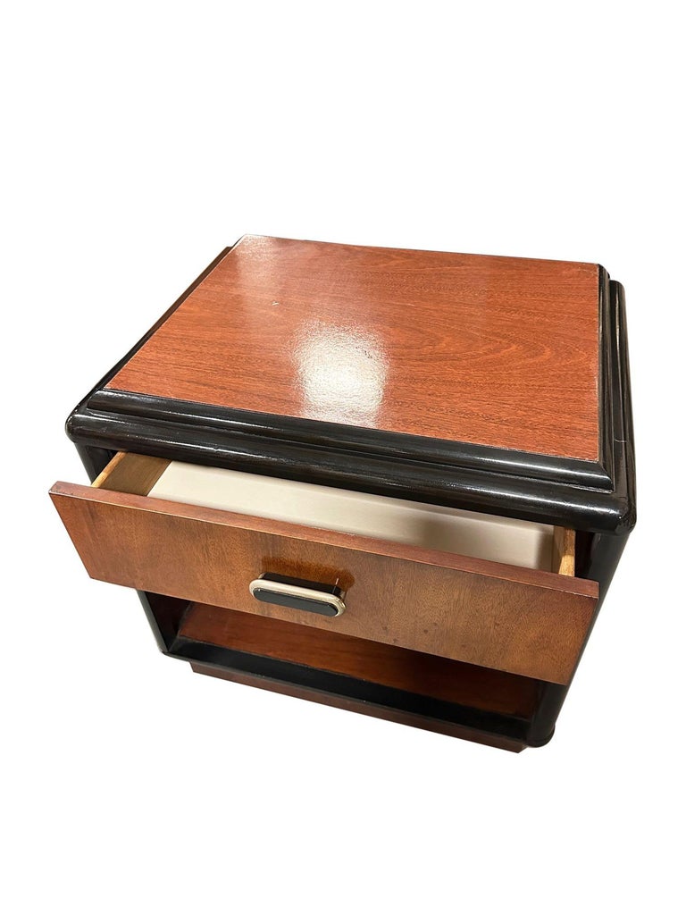 Pair of Two Toned Art Deco Cherry Wood & Lacquer Bedside Tables w/ Stepped Top
