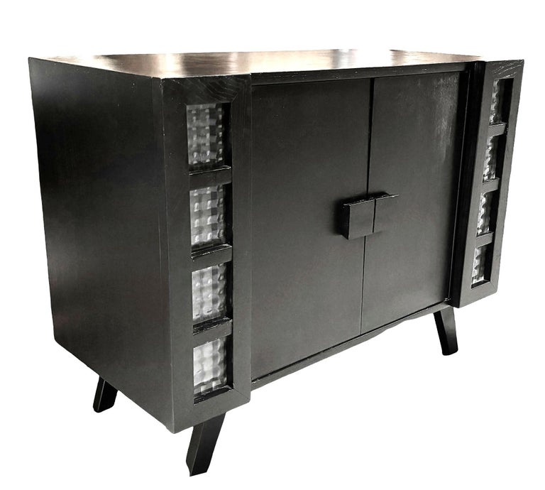 Mid Century James Mont Styled Black Lacquered & Glass Bar Cabinet & TV Stand