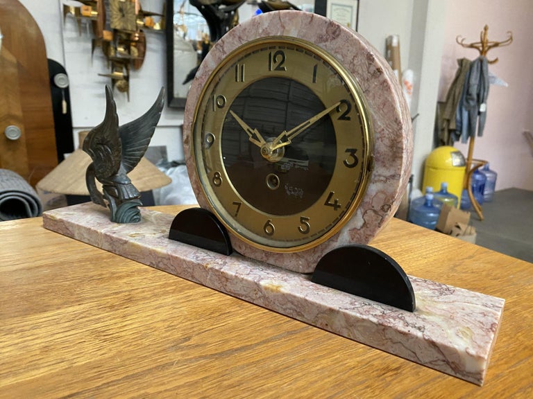 French Art Deco UCRA Bronze Swan Marble Mantle Garniture Clock Set by Marefbay
