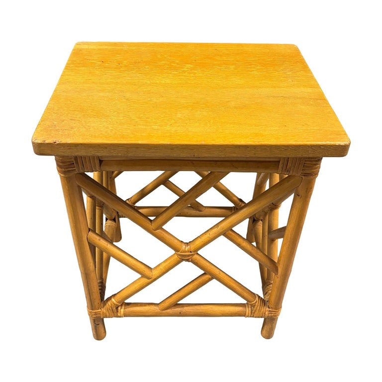 Restored Mid-Century Set of 3 Rattan Nesting Side Tables w/ Mahogany Top