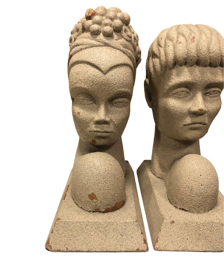 Mid-Century Modern Hawaiian Male and Female Bookends, Pair
