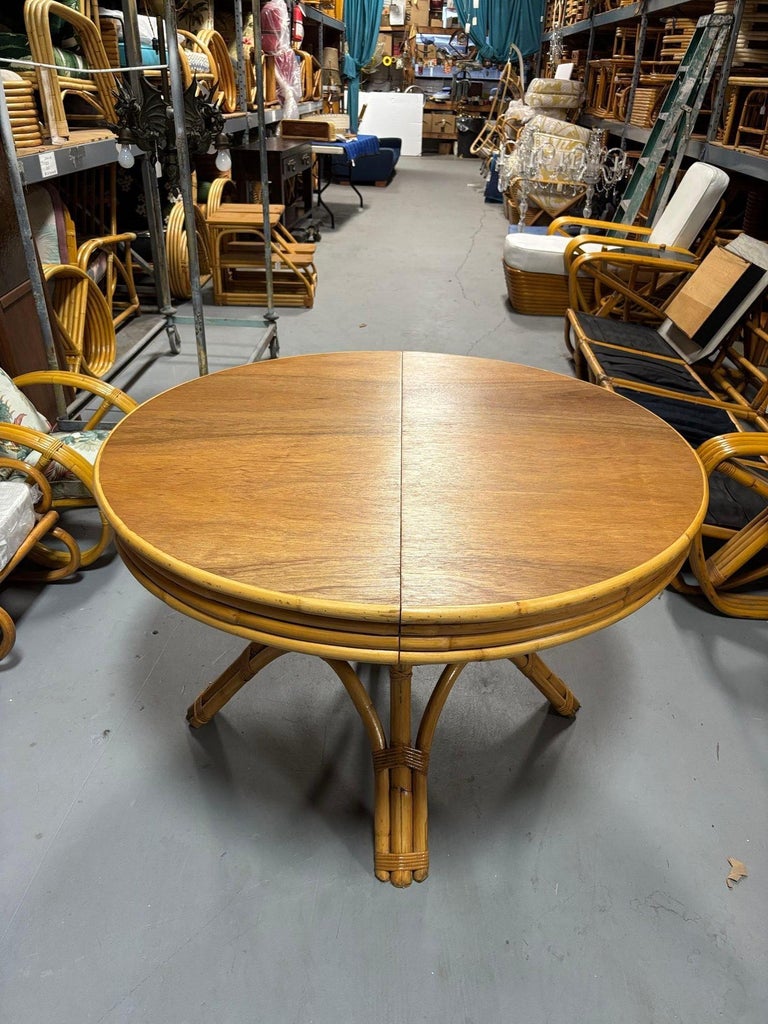 Restored Round Rattan & Mahogany Dining Table W/ Leaf