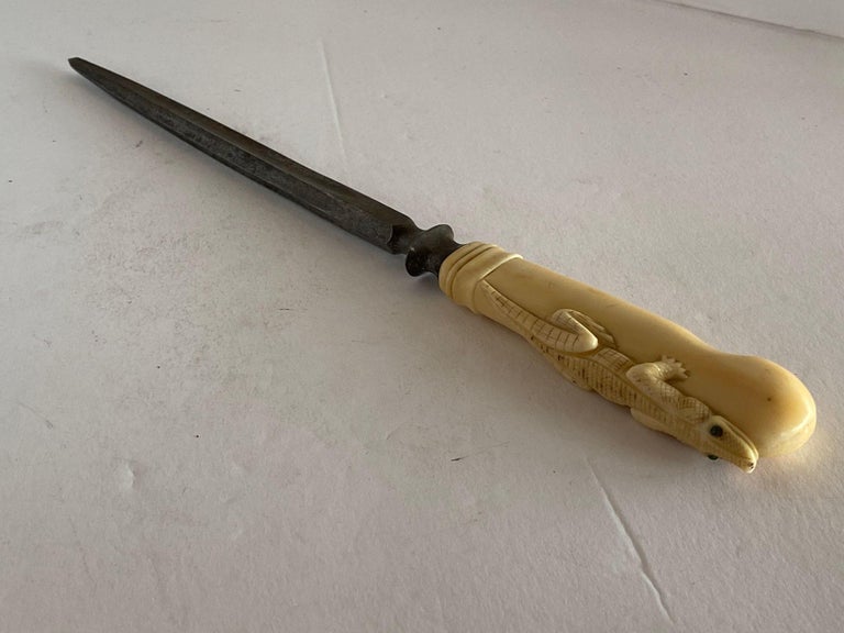 19th Century Hand-Carved Bone Alligator Handled Culinary Carving Set