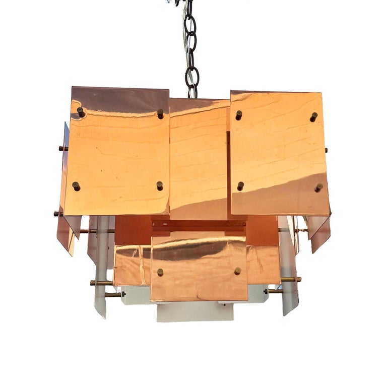 MCM Floating Panel "Cityscape" Brutalist Copper Chandelier By Robert Sonneman