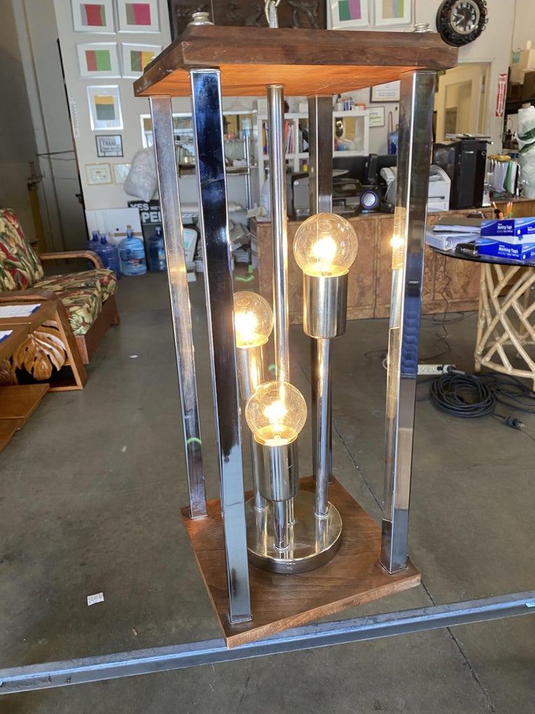 1970s Post Modern Teak and Chrome Pendant Light Fixture, Pair