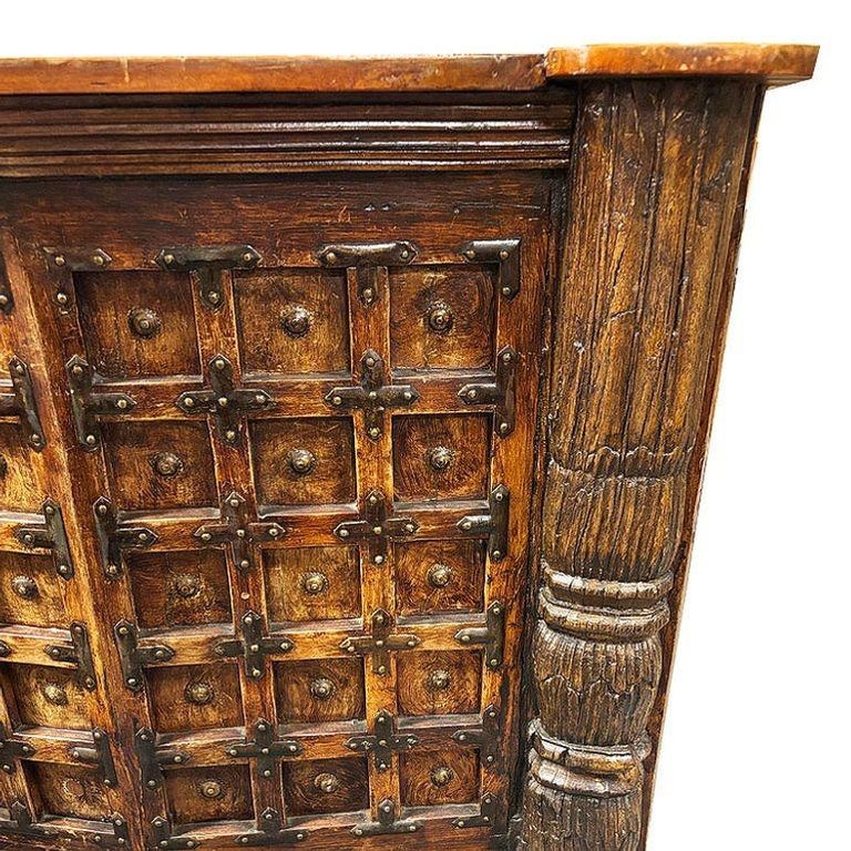 Spanish Colonial Style Antique Wood Bar w/ Iron Strapwork & Carved Columns