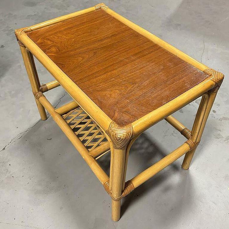 Restored Mid-century 2 Tier Rattan & Wicker Coffee Cocktail Table w Mahogany Top