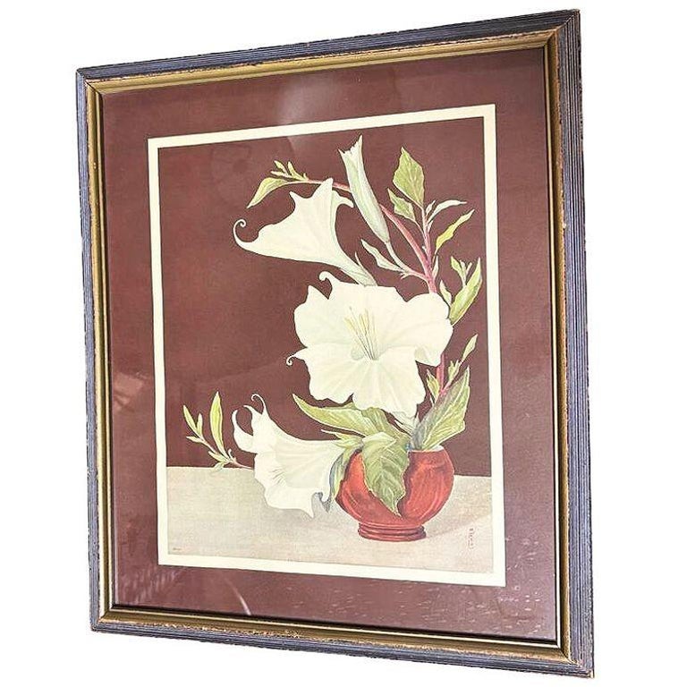 Ikebana Arranged White Petunia Foral Scenic Lithograph by Lithoin, Framed