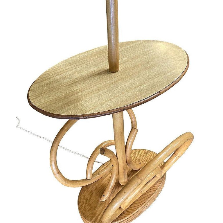 Restored Rare Mid Century Rattan Pole Floor Lamp & Drink Stand w Magazine Holder
