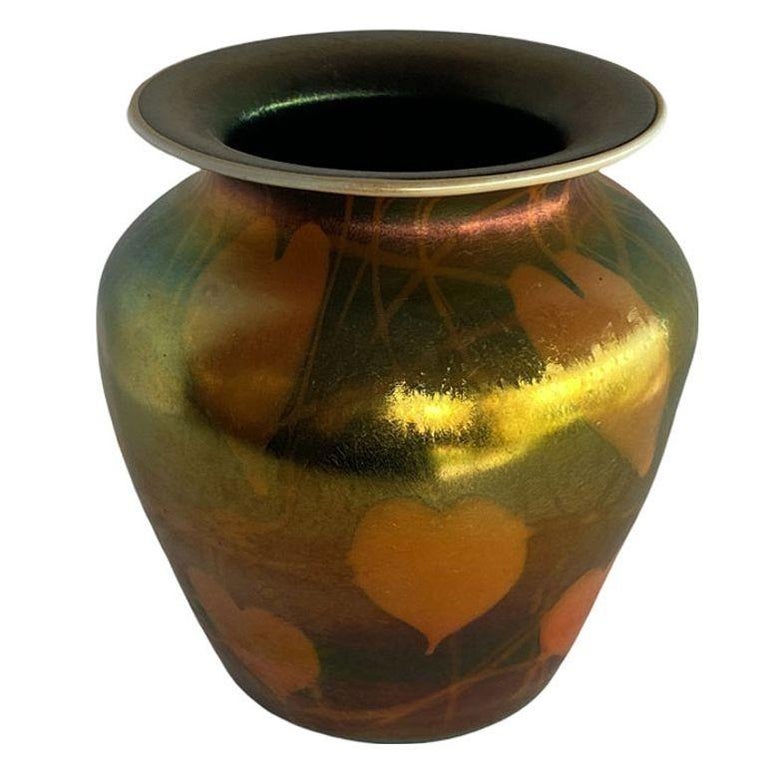 Rare Early 20th Iridescent Handblown Heart & Vine Vase Set by Imperial