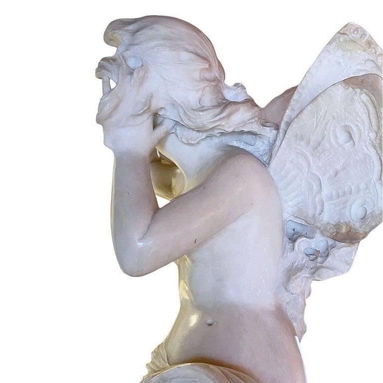 Late Victorian French Hand Carved Nude Psyche Goddess Marble Statue, signed