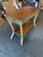 Restored Presidential Stick Reed Rattan TV Stand/Console Table w/ Mahogany Top