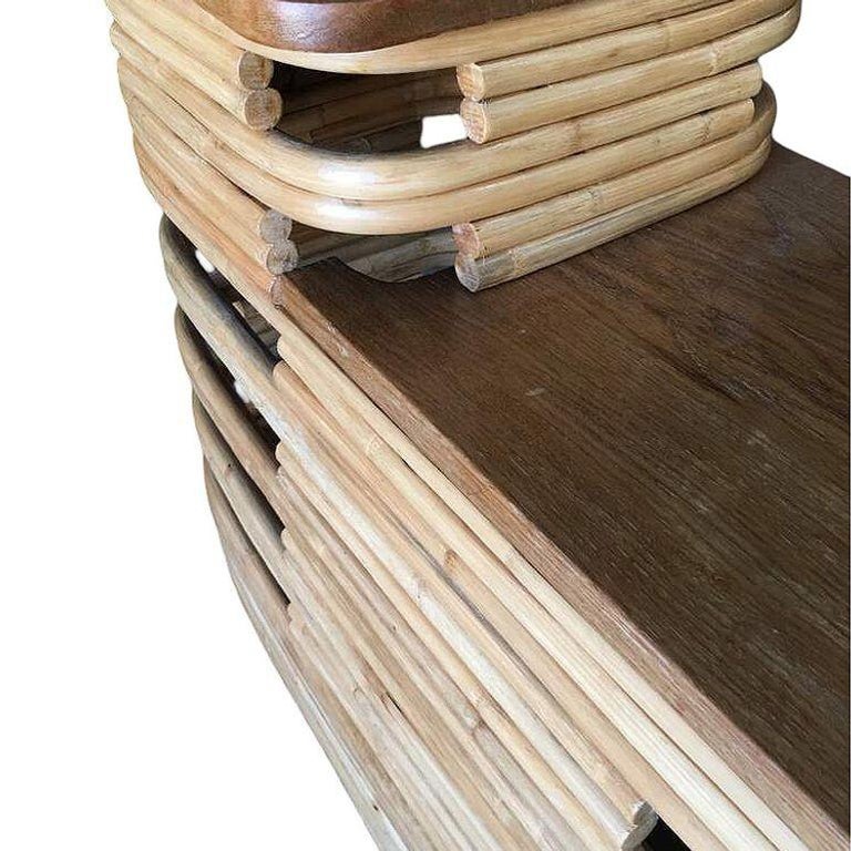 Paul Frankl-Style Stacked Rattan Side Tables with Mahogany Top, Pair, circa 1930