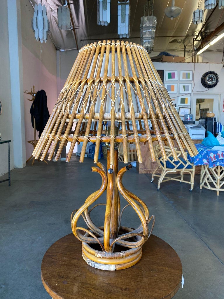 Restored Modernist Stacked Stick Reed Rattan Table Lamp w/ Rattan Shade