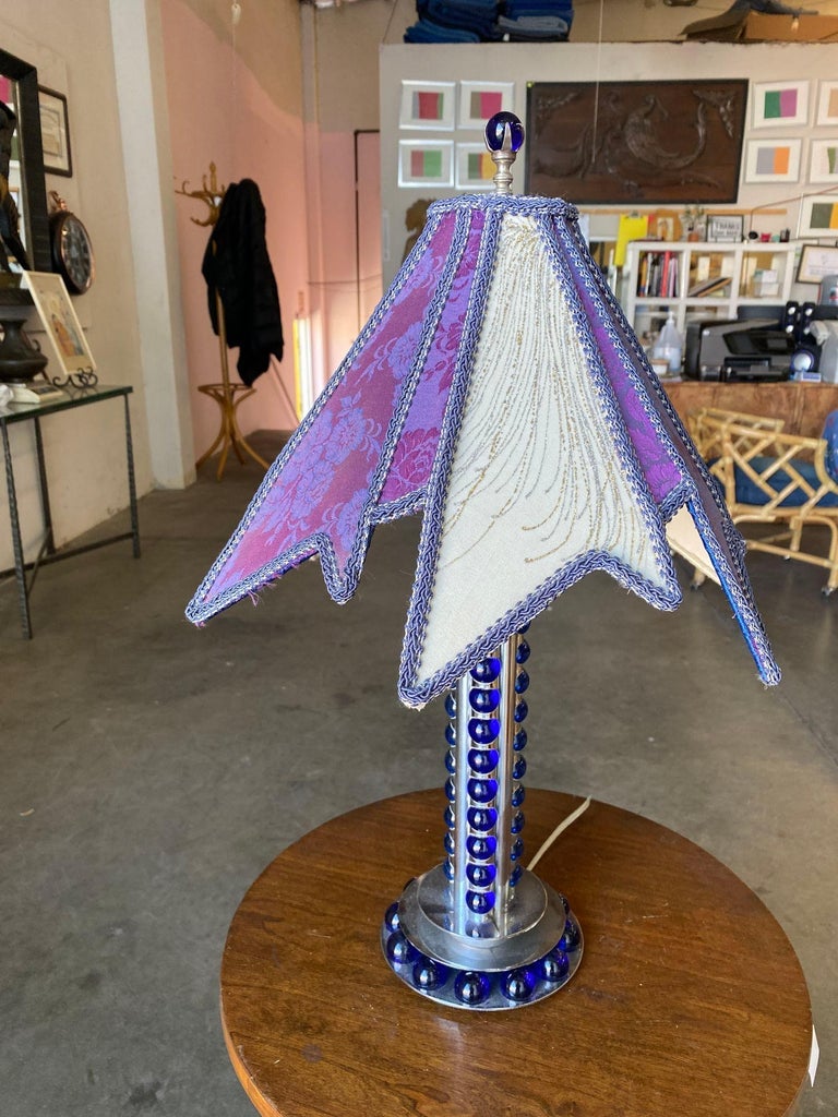 Chromed Steel and Cobalt Marble Art Deco Lamp