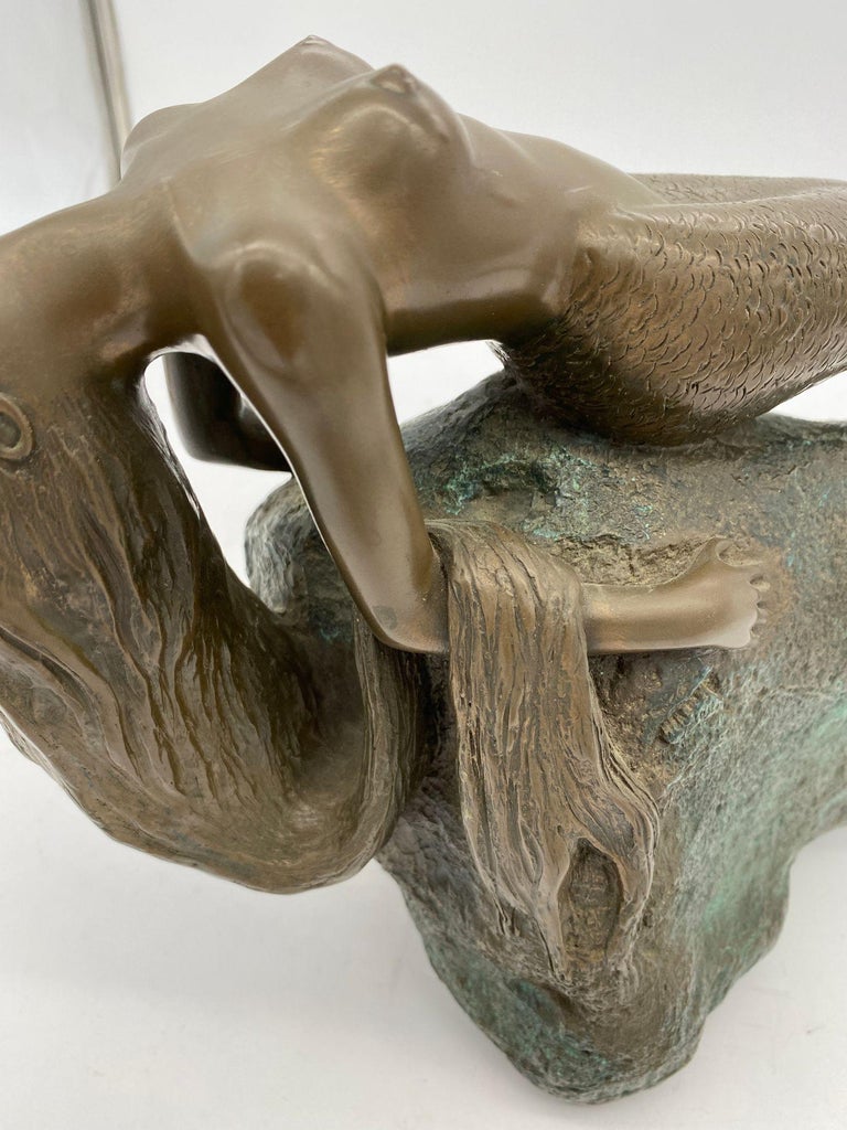 Bronze Mermaid Siren Statue on Beach Rock by James Siebert
