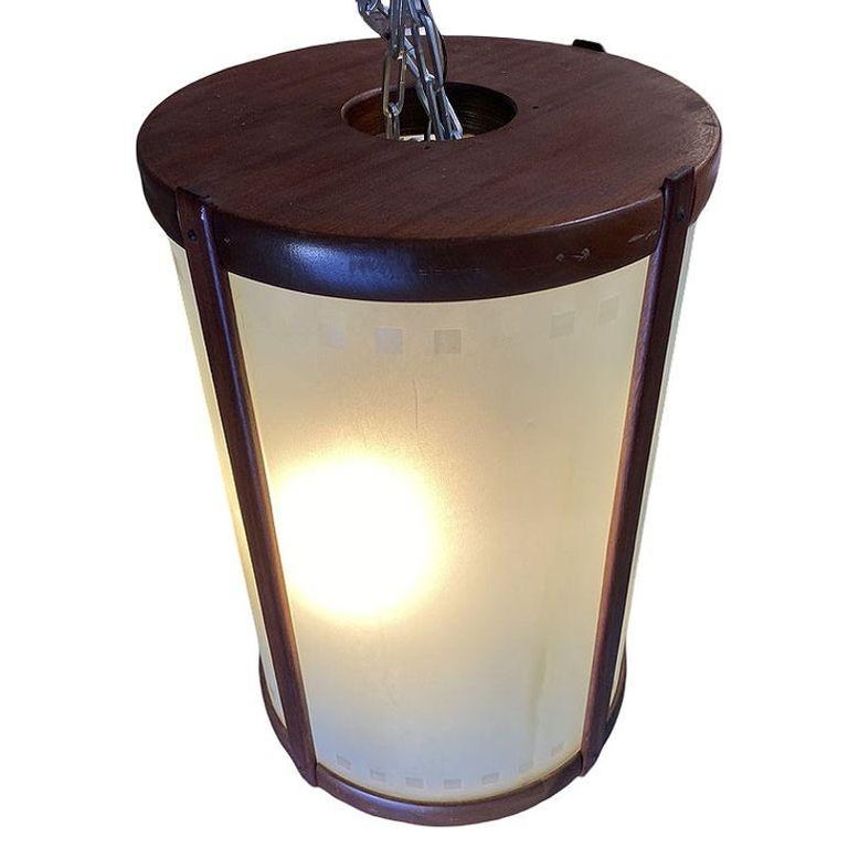 Mid-century Nakashima Style Teak Cylinder Pendant w/ Frosted Shade, 3 Available