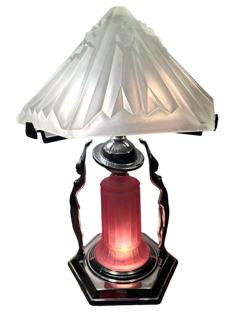 Frankart Era Art Deco Style Chrome Figural Lamp w/ Vivian Glass Shade