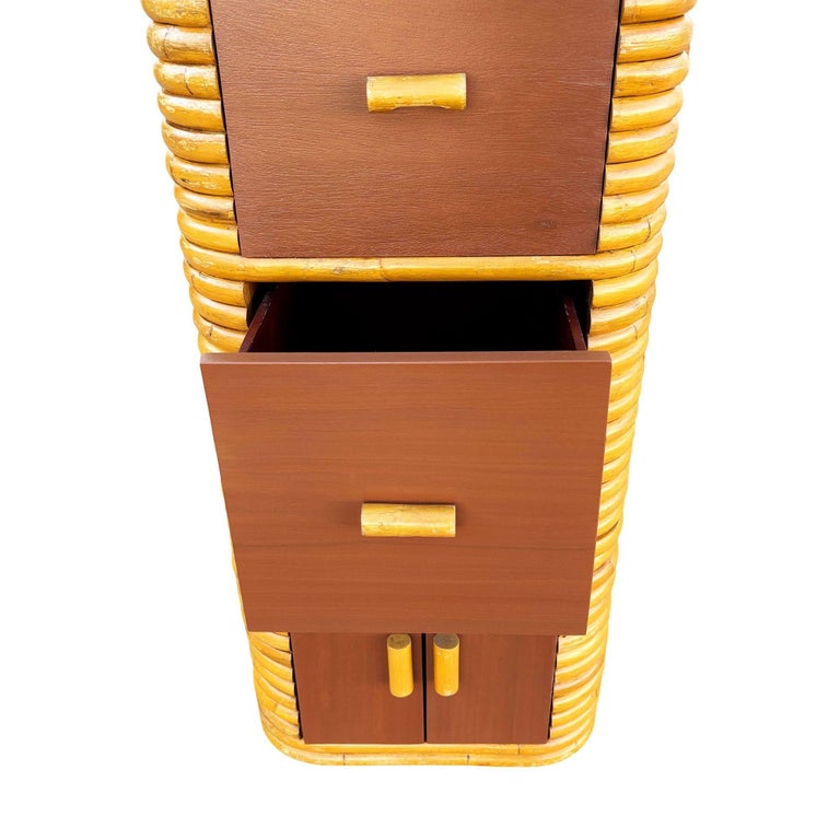 Restored Paul Frankl Style Stacked Rattan & Mahogany Cabinet w/ Drawers