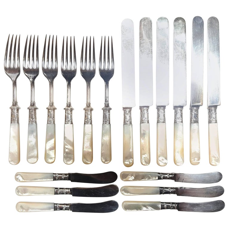 Antique Fish Flatware Set, Sterling Silver with Mother-of-pearl, Set of 18
