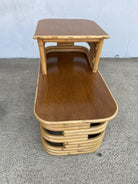 Restored Two-Tier Stacked Rattan Side Table with Mahogany Tops, Pair