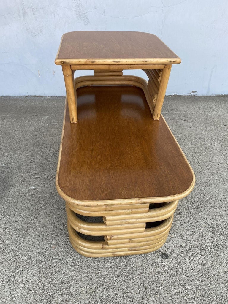 Restored Two-Tier Stacked Rattan Side Table with Mahogany Tops, Pair