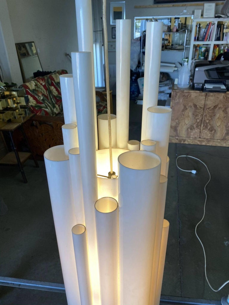 Modernist White Lucite Stacked Tube Chandelier by Rougier, Circa 1970s