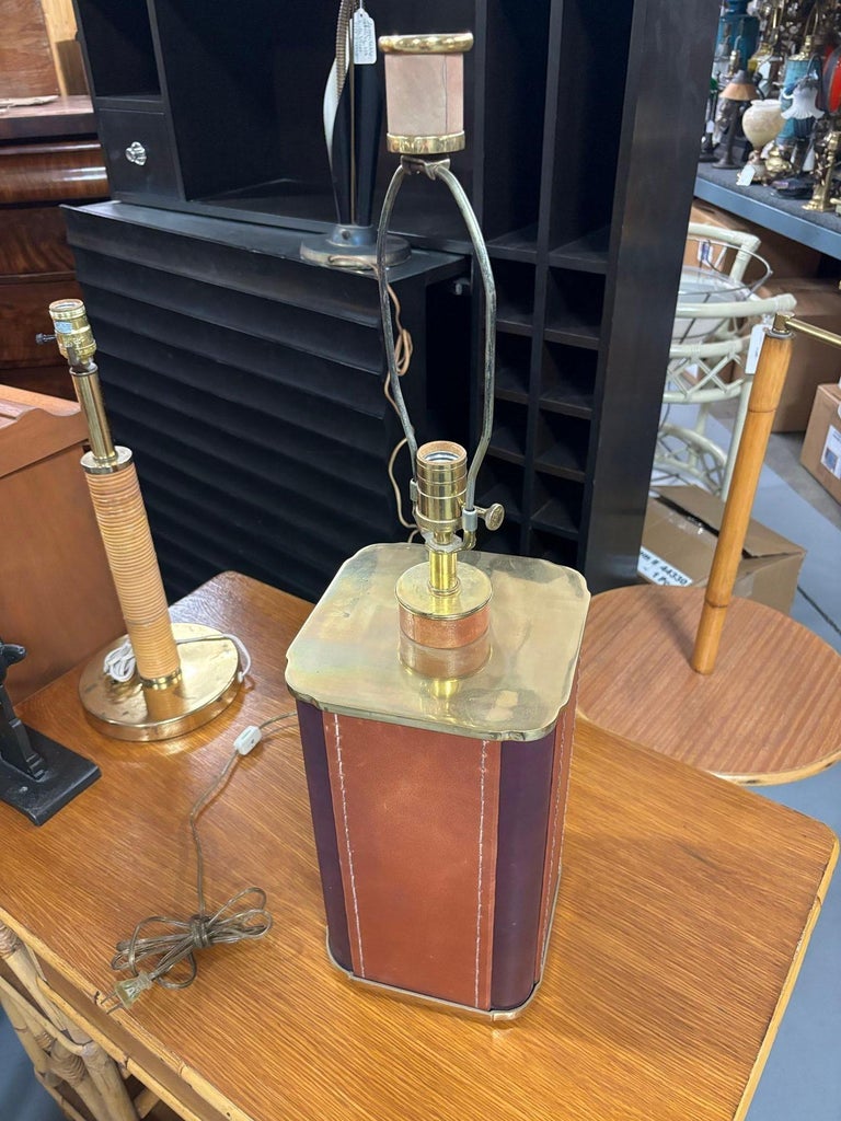 Two-Toned Square Leather Wrapped Table Lamp with Gold Trim