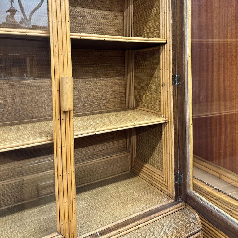 Restored Art Deco Stick Rattan & Grass Mat China Cabinet/Etagere