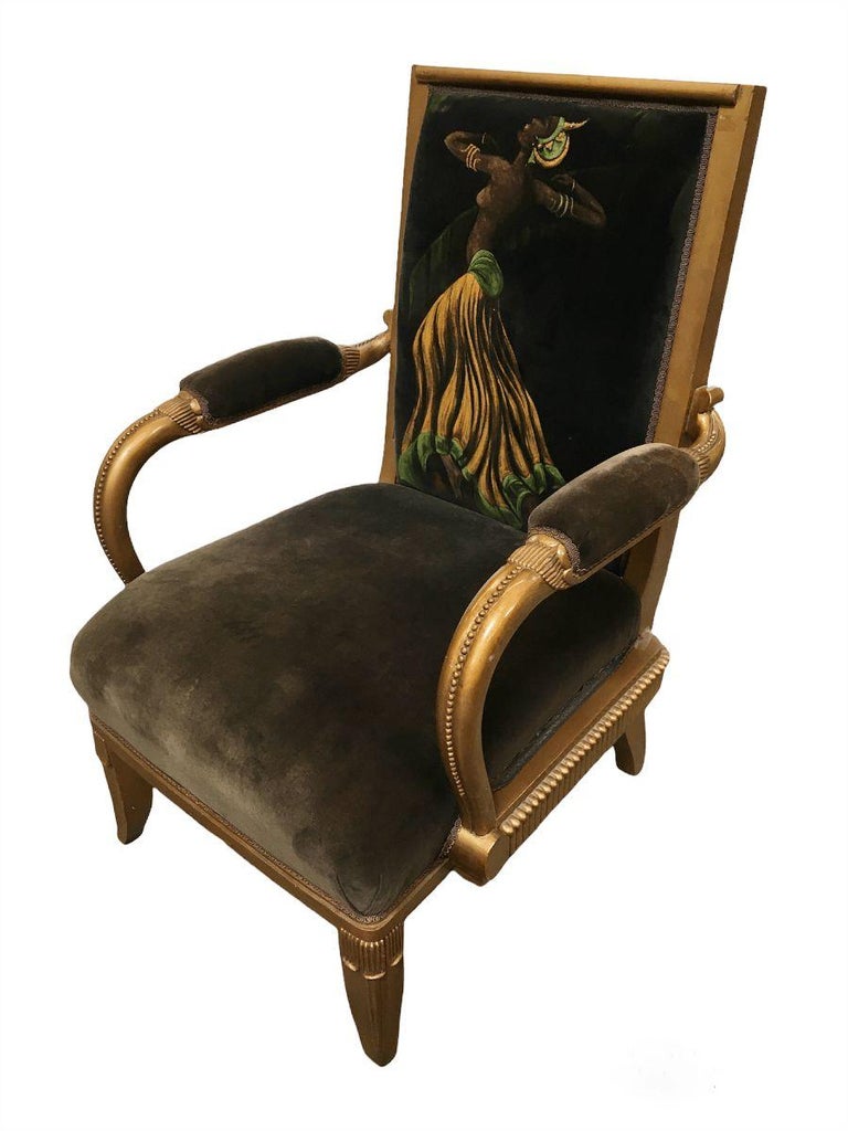 Vintage Velvet Upholstered Gorgeous Armchair with a Painted Dancer on the Back