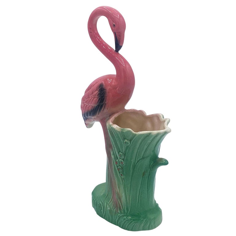 Mid-century "Lovers" Pink Flamingo Ceramic Tabletop Vase Set By Leftons