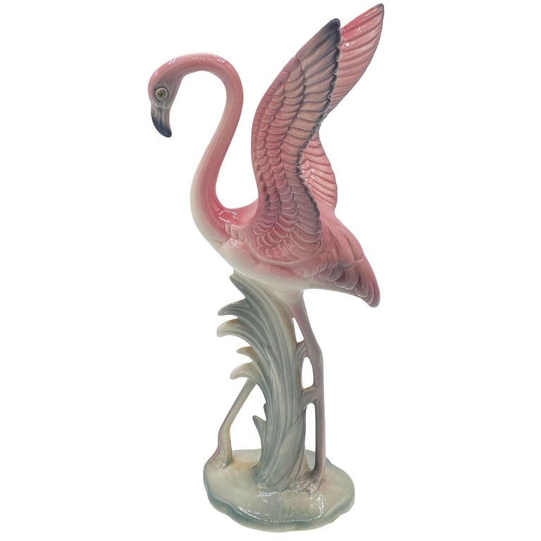 Mid-century Pink & Green Flamingo Ceramic Tabletop Sculpture Pair By Brad Keeler