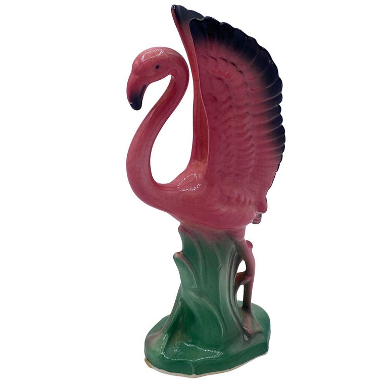 Mid-century Ceramic Mid Flight Pink Flamingo Tabletop Statue Set By Leftons