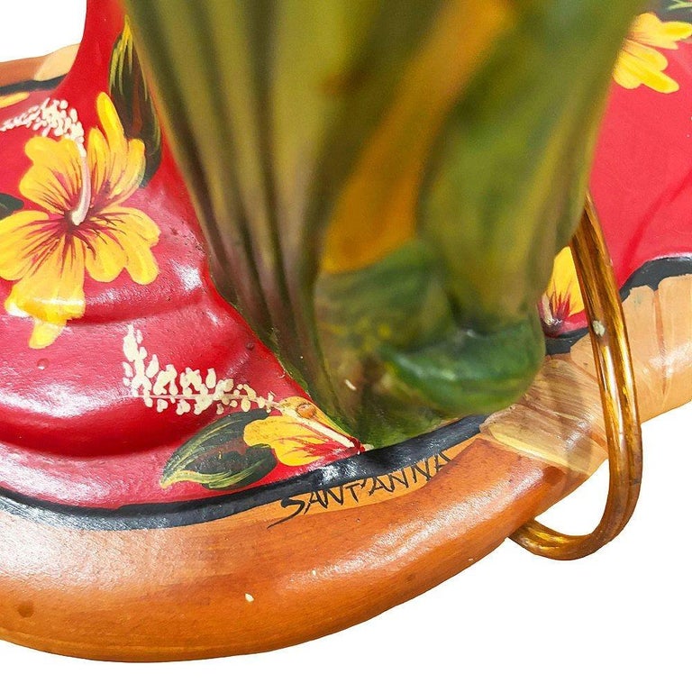 MCM Hand Painted Hawaiian Hula Resin Table Lamp by Santana w/ Wipplestitch Shade