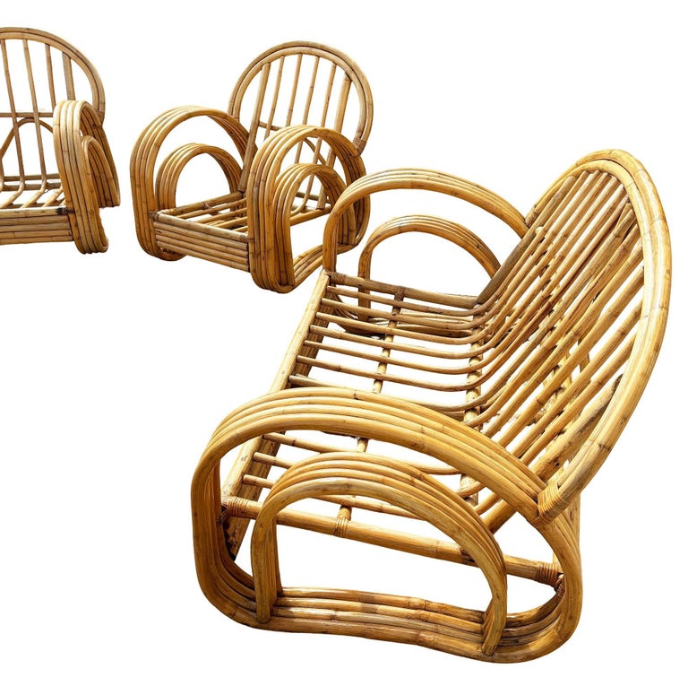 Restored 4-Strand Double Arch Speed Arms Rattan Sofa & Chairs Livingroom Set