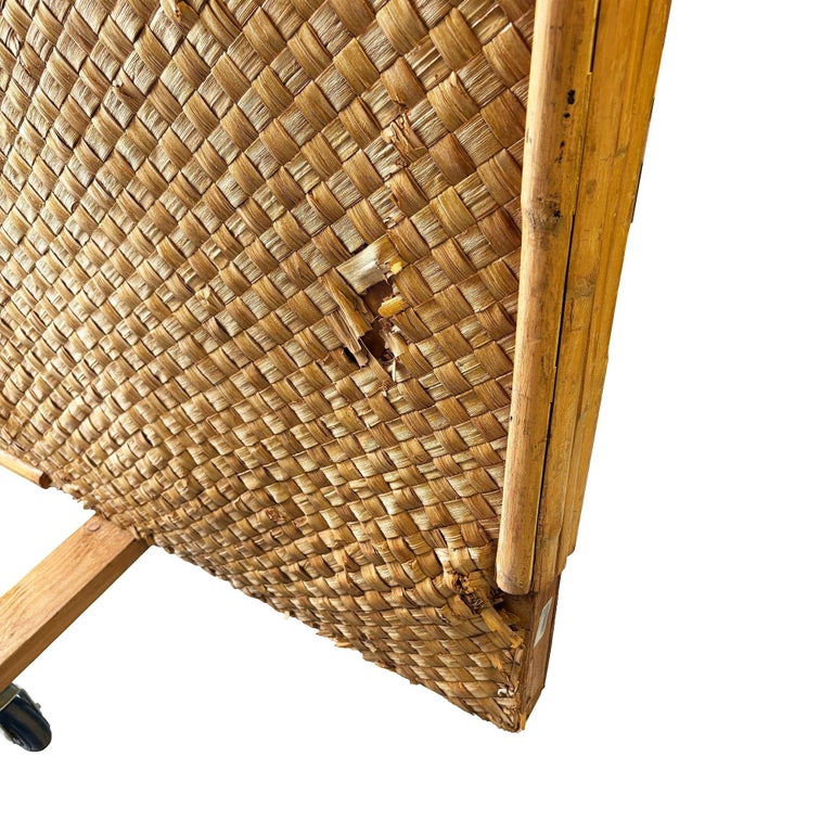 Mid-Century 9' Foot X 6' Foot Rattan and Woven Wicker Wall Divider w/ Wheels