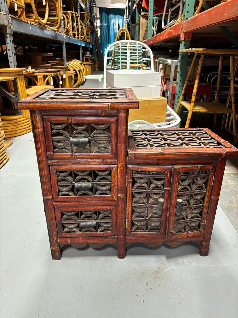 Late Qing Dynasty Split Bamboo & Lattice Top Chippendale Cabinet w/ 3 Drawers