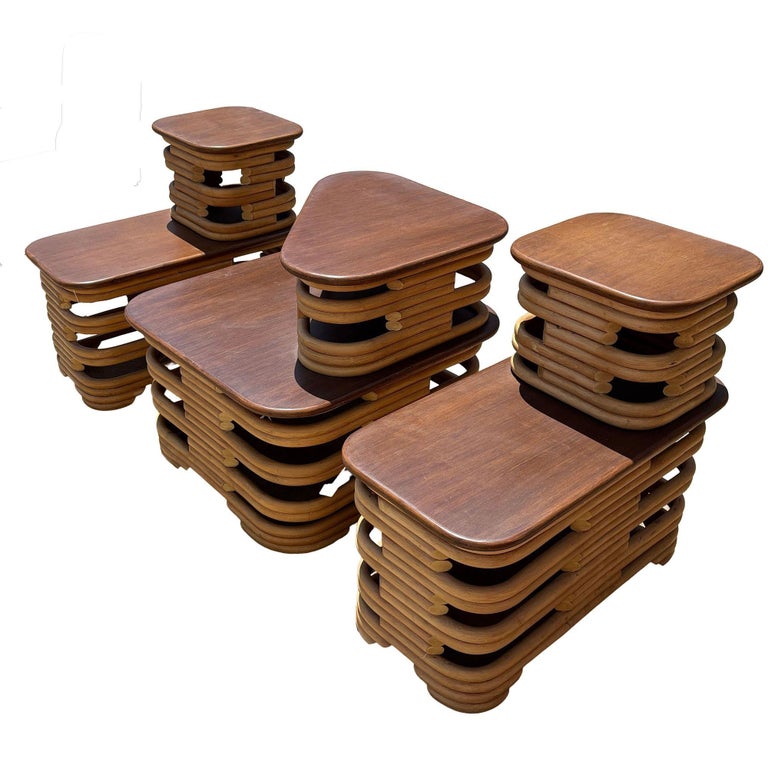 Mid-Century Two-Tier Stacked Rattan & Mahogany Coastal Side & Corner Table Set