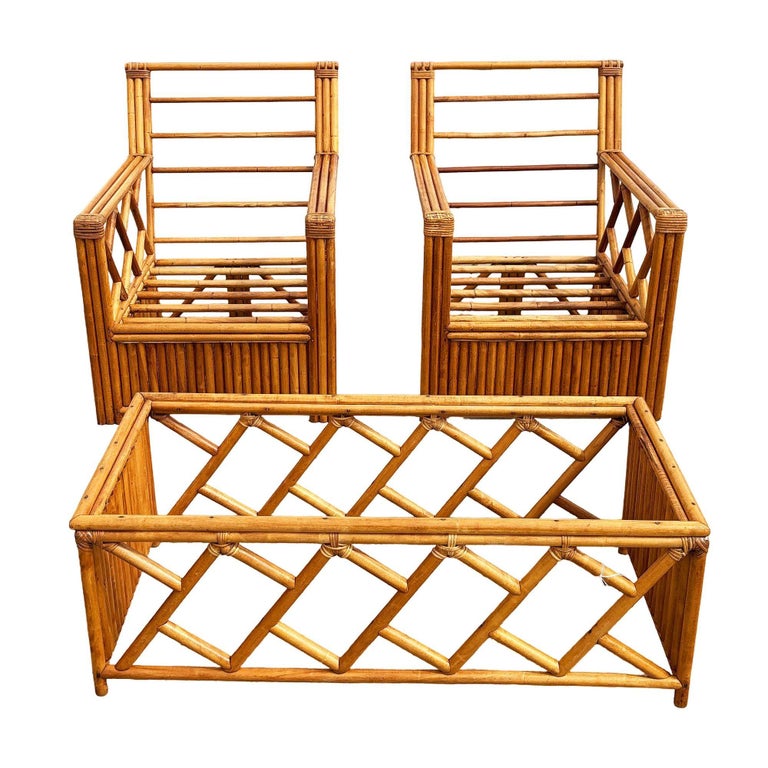 Heywood Wakefield "Oak Rattan" Lounge Chair Pair w/ Coffee Table