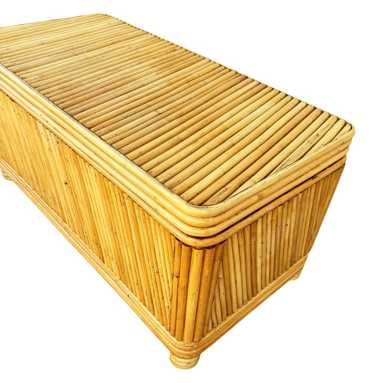 Restored Mid-century Split Reed Rattan & Pine Trunk w/ Brass Paktong Latch