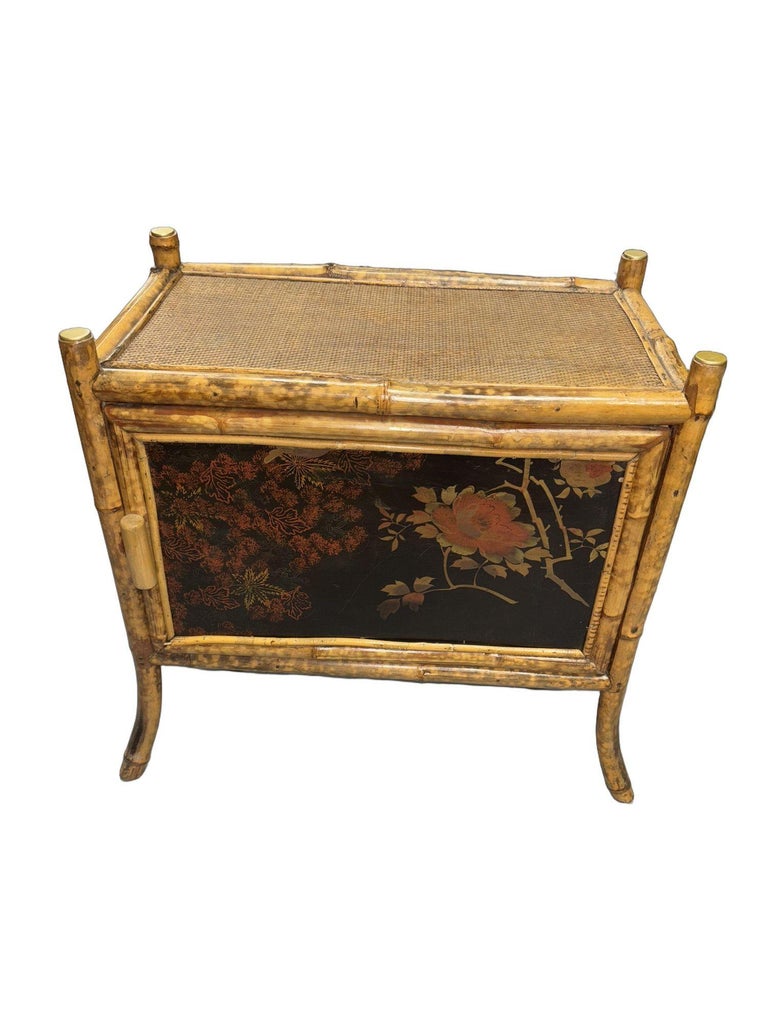 Victorian Chinoiserie Tiger Bamboo Nightstand with Hand-Painted Lacquer Front