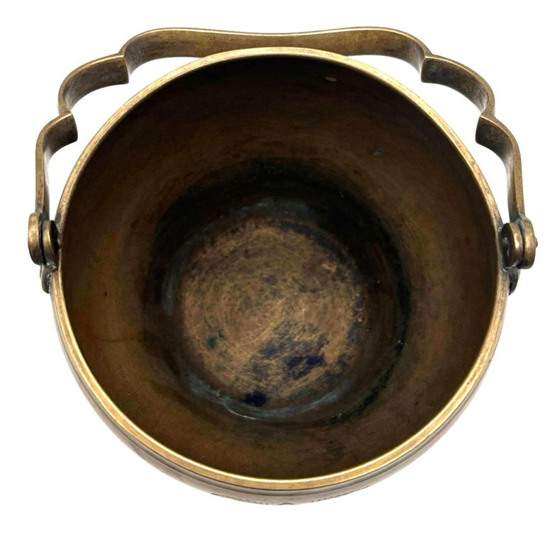 Late Victorian Hand Etched Floral Brass Ice Bucket w/ Whimsical Handle