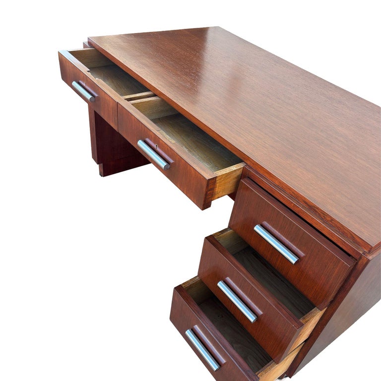 1930s Restored French Art Deco Mahogany and Chrome Executive Desk w/ Bookshelves