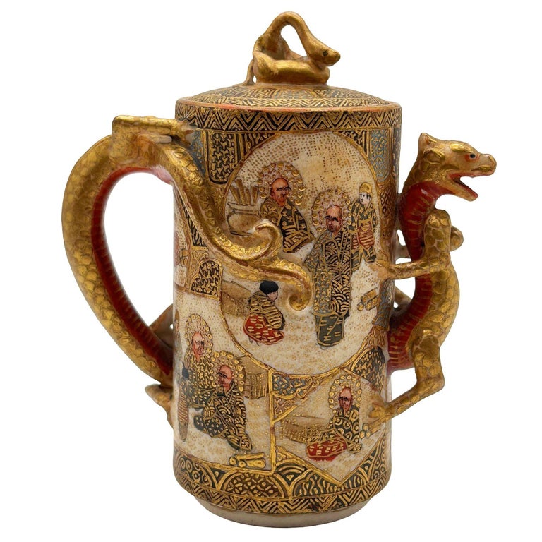 Gyokushu Satsuma Earthenware Saki Pitcher, C. Meiji Period