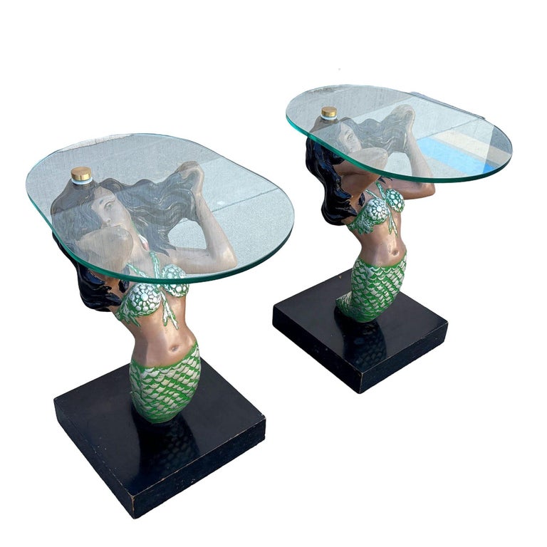 MCM Sculptural Nude Mermaid Biomorphic Cocktail Table w/ Pair of End Tables