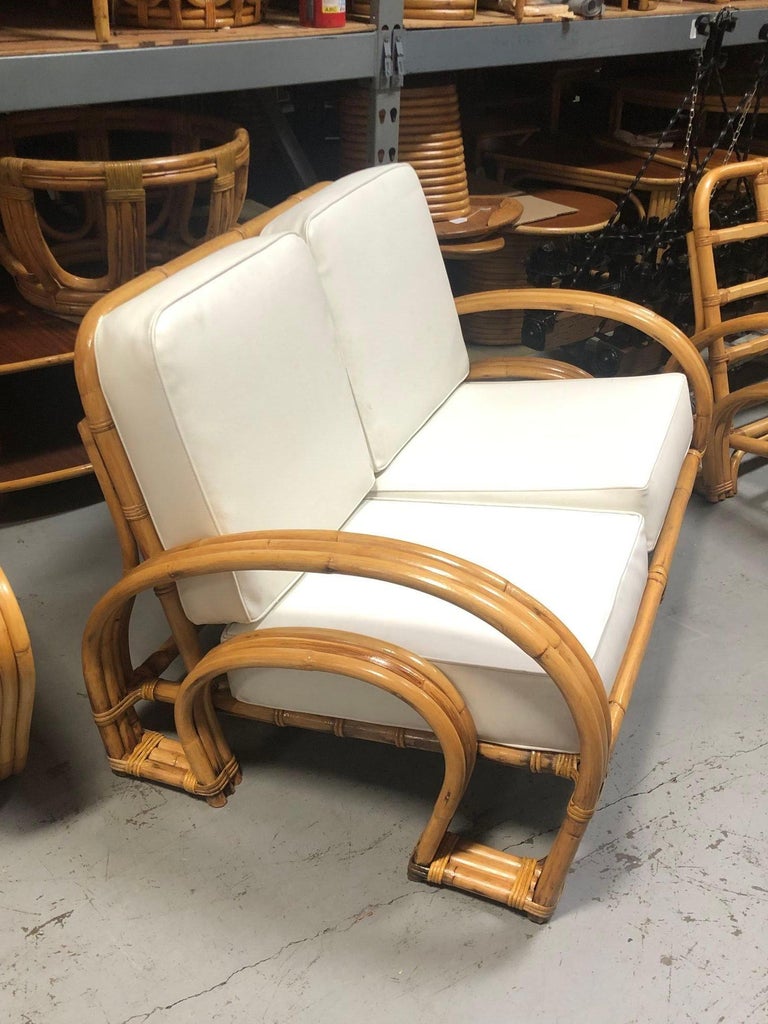 Restored Mid-century Rattan Double Horseshoe Settee Sofa, Pair